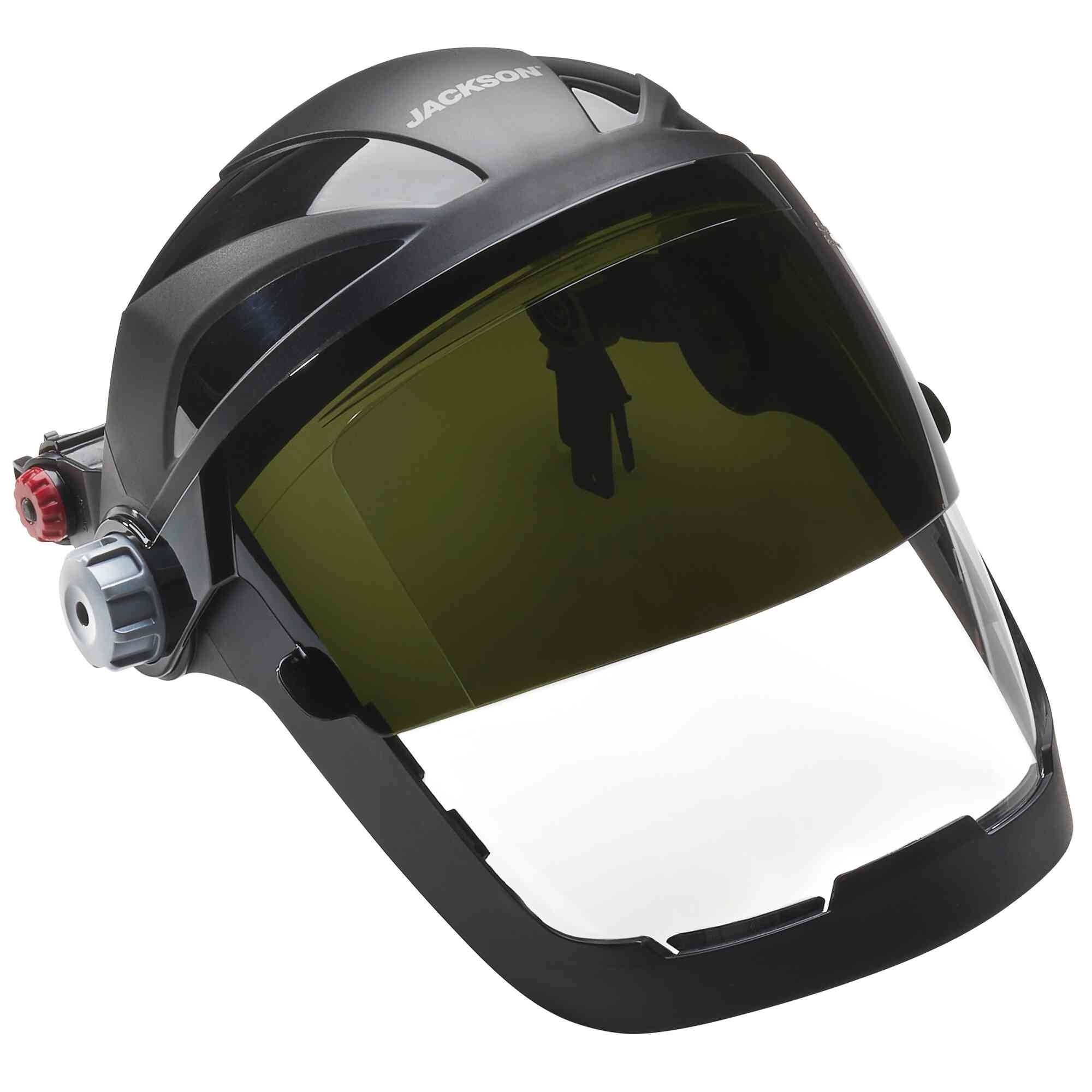 Jackson Safety® - Face Shield - QUAD 500™ Premium Multi-Purpose Series - 9' x 12.125' x 0.060" Window - Clear AF with Shade 8 IR Flip Visor - Hard Hat Interchange System (HHIS) for mounting on slotted hard ha